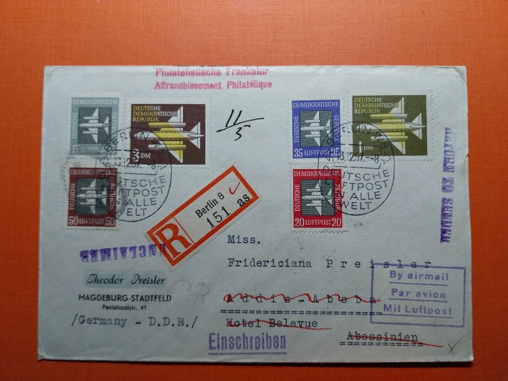 DDR 1957 luchtpost aangetekend Ethiopia, Postzegels en Munten, Verzenden, Envelop