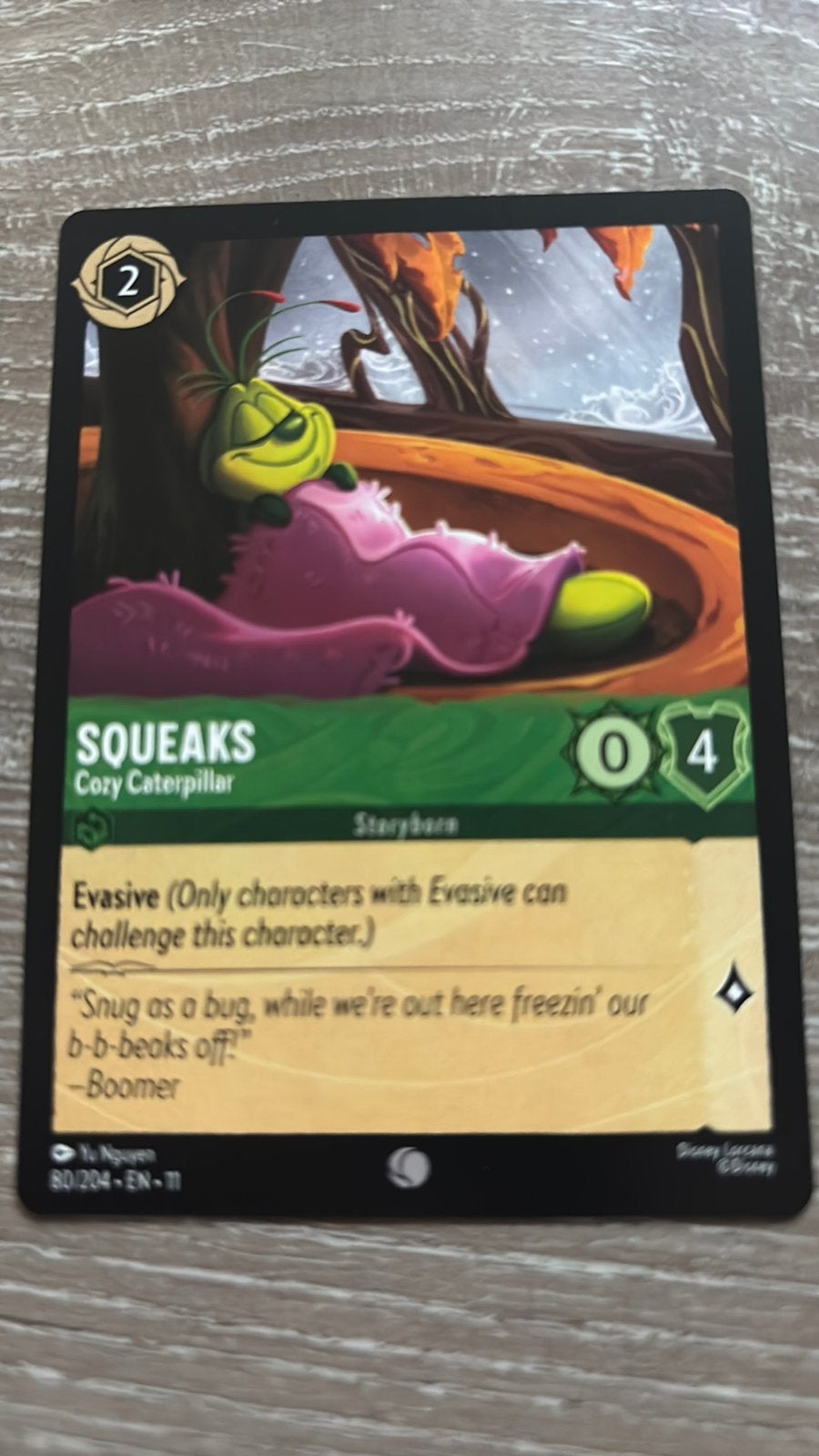 Disney Lorcana Squeaks cozy caterpillar 80-204 11WSP nonfoil, Ophalen of Verzenden, Zo goed als nieuw, Losse kaart