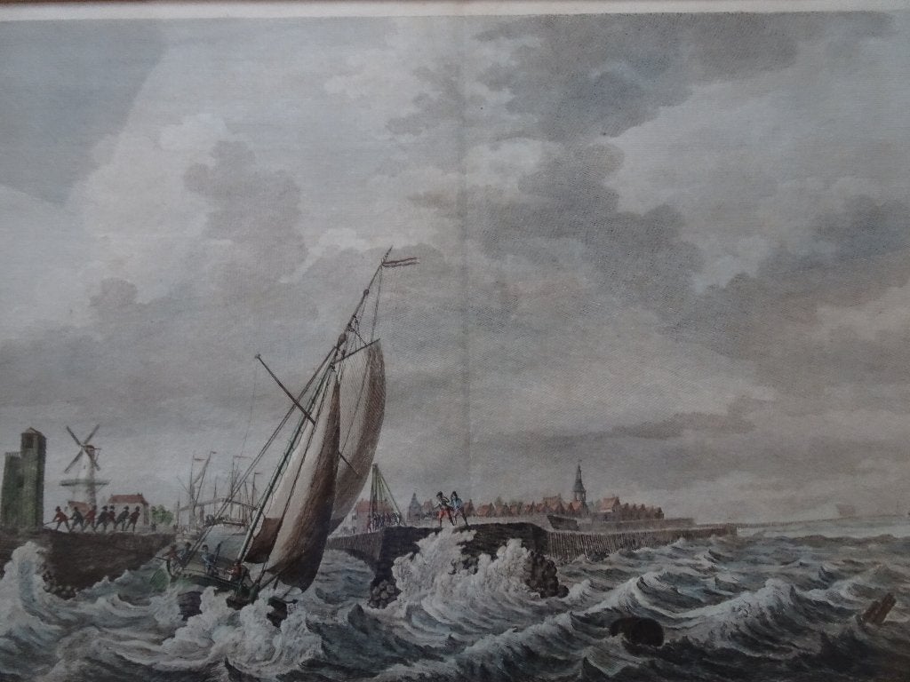 Kopergravure Staveren vanuit Zuiderzee, M. Sallieth 1781, Dagelijks leven, Verzenden, Ingelijst, Gravure