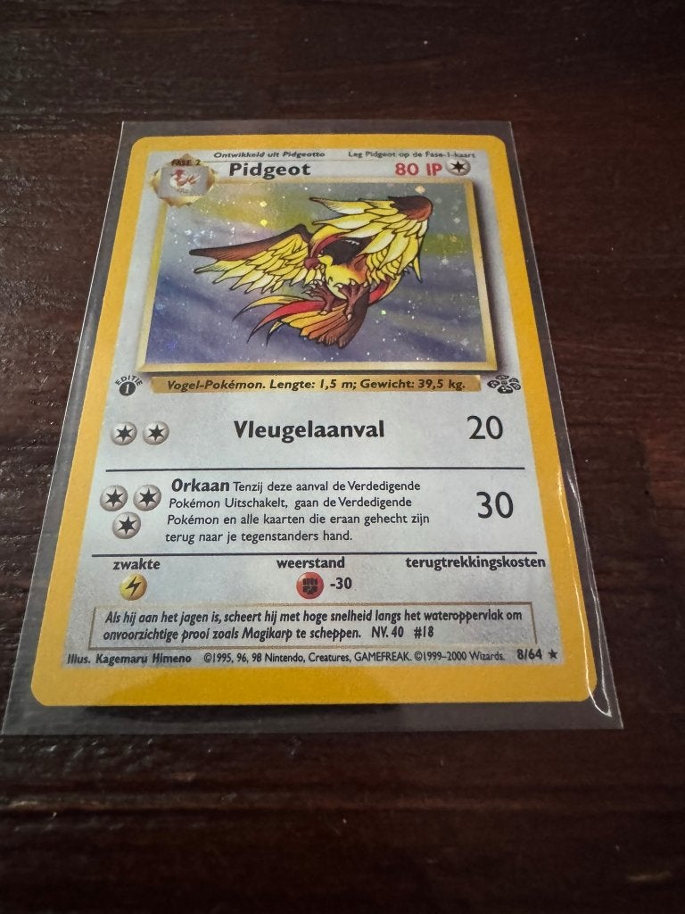 Pokémon Jungle 1st edition 8/64 Pidgeot holo (Nederlands), Ophalen of Verzenden, Zo goed als nieuw, Losse kaart