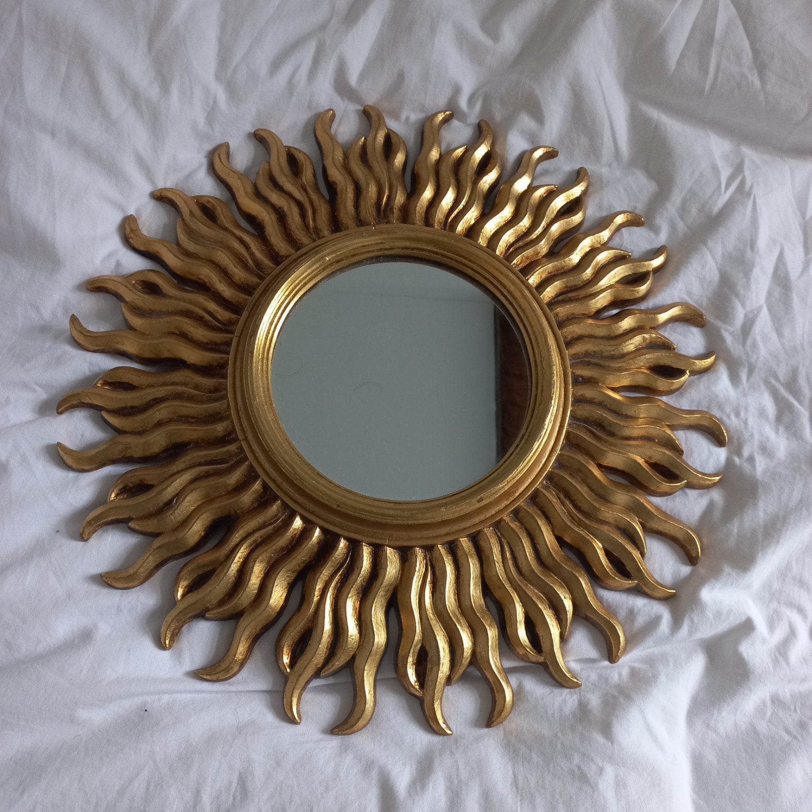 Houten ZON-spiegel - 47 cm doorsnee, Ophalen, Gebruikt, Rond, Minder dan 50 cm