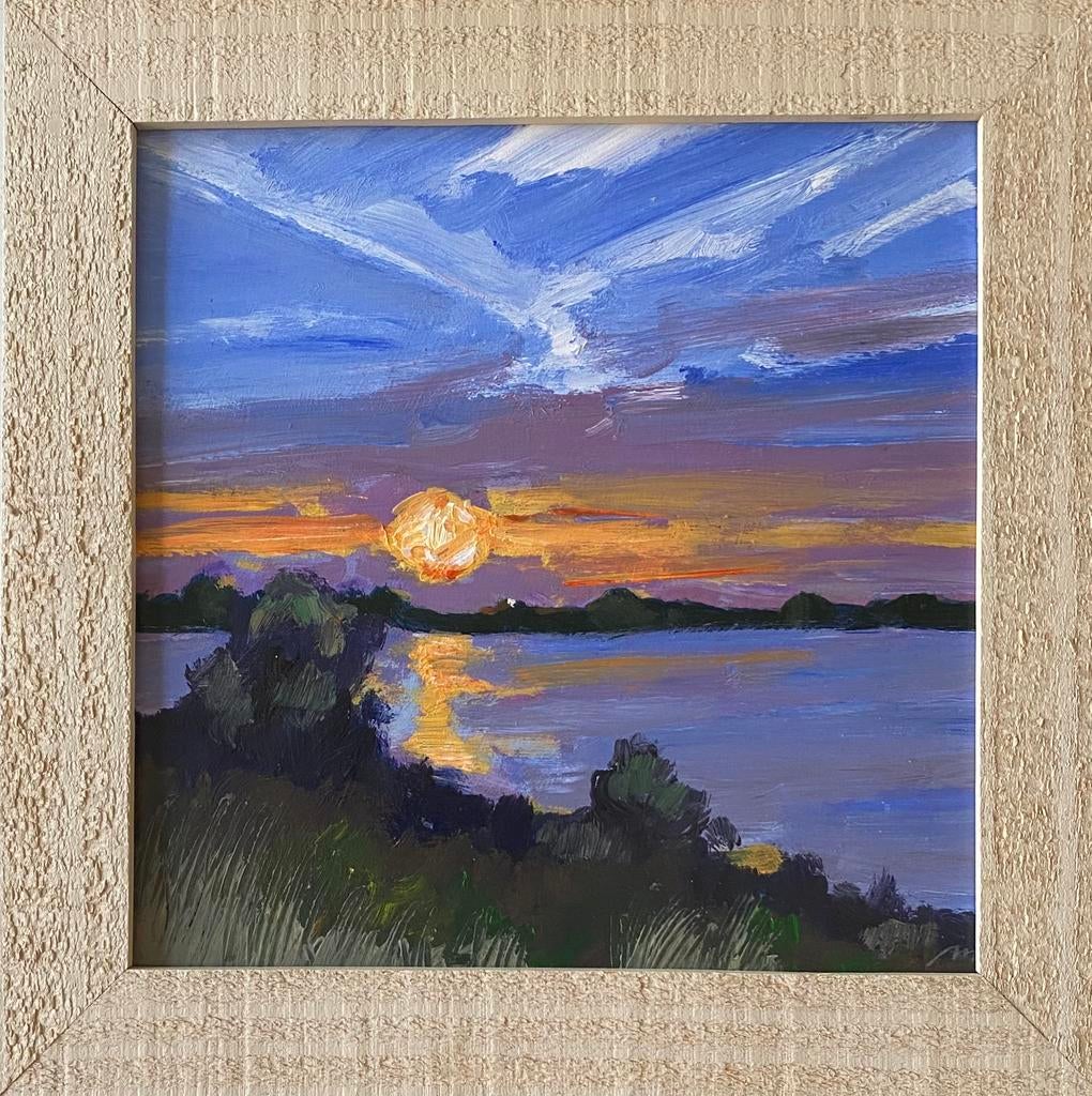 Landschap / ondergaande zon. Olieverf / paneel, Ophalen of Verzenden