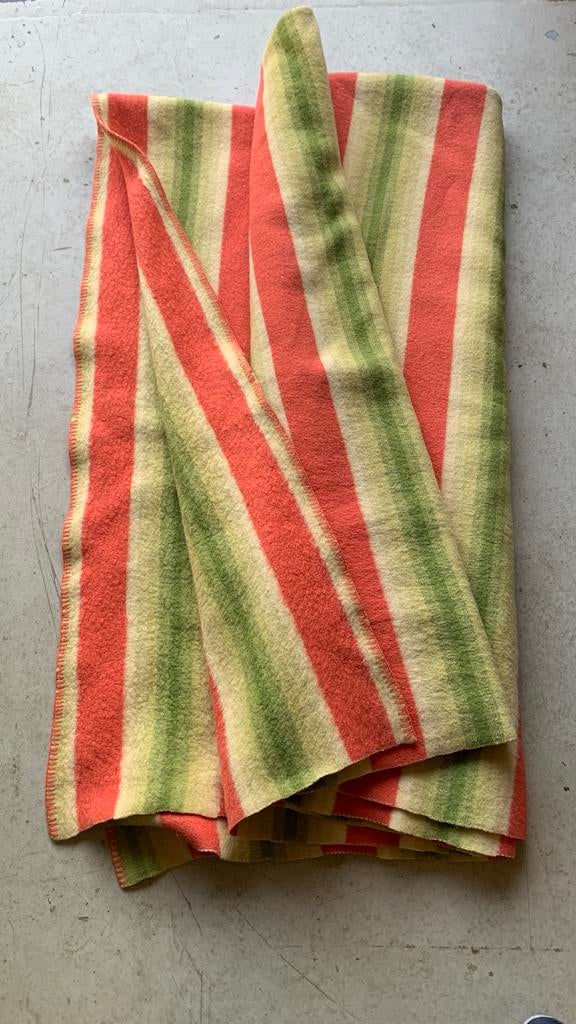 Vintage gestreepte  deken - Oranje, groen, crème,220x235, Huis en Inrichting, Woonaccessoires | Plaids en Woondekens, Zo goed als nieuw