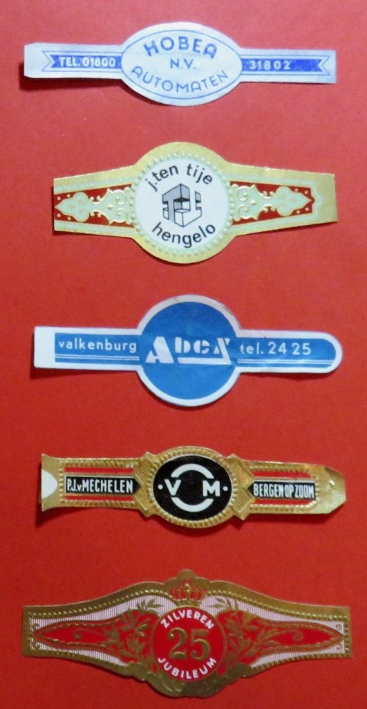 Sigarenbandjes 5x diverse reclamebandjes, Verzenden, Gebruikt, Sigarenbandjes