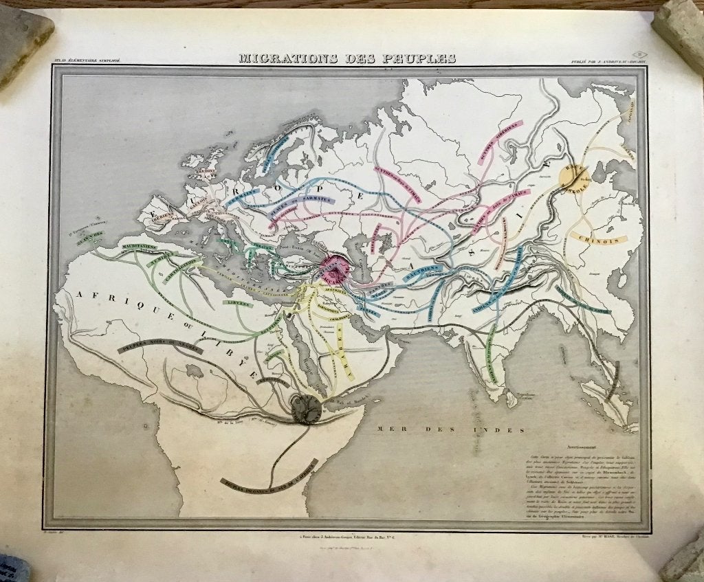Antieke landkaart 1860 Migratie van volkeren, Gelezen, Ophalen of Verzenden, Landkaart, 1800 tot 2000
