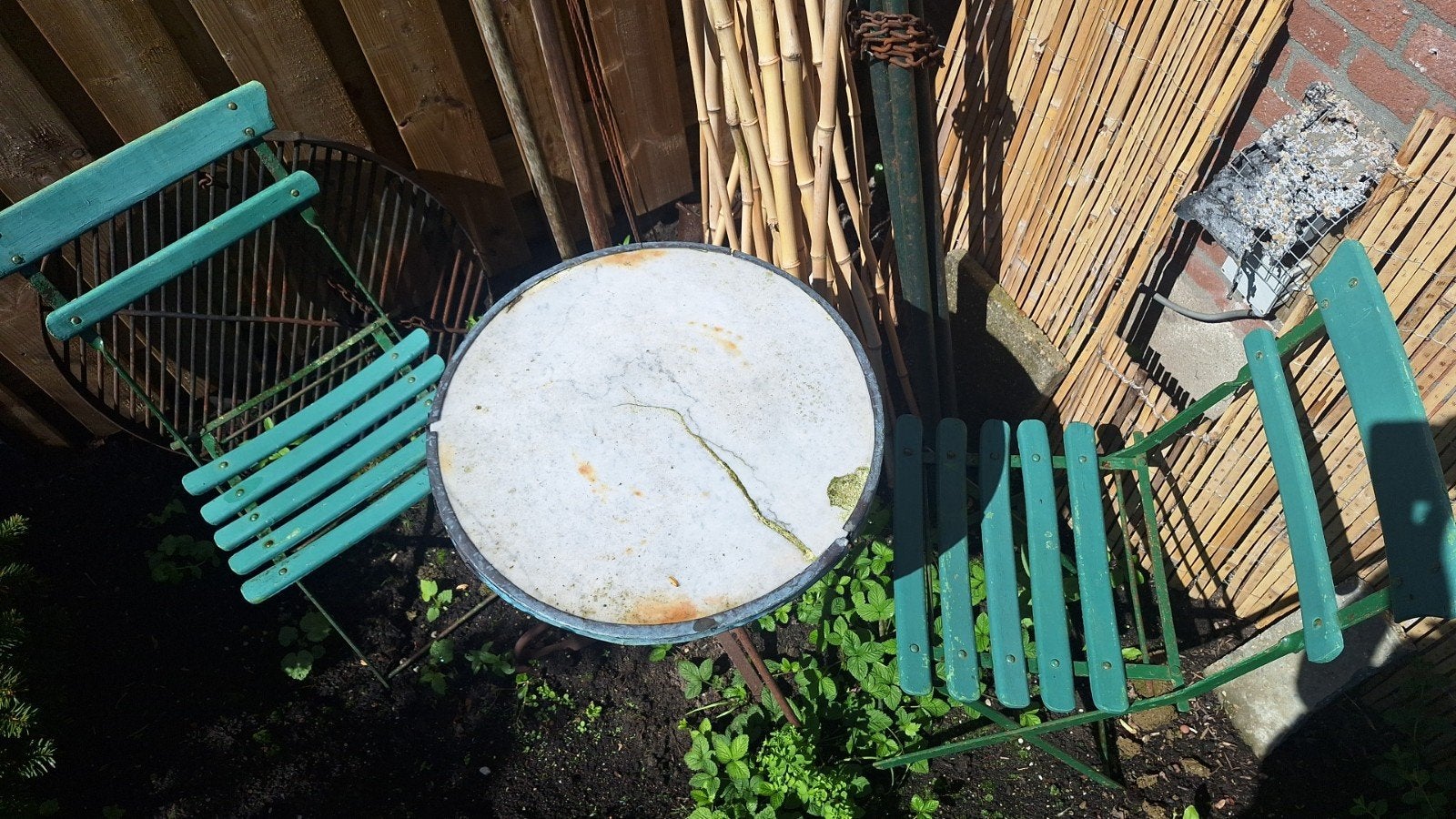 Franse oude Bistro set  mint groen., Overige materialen, Gebruikt, Tuinset, Ophalen