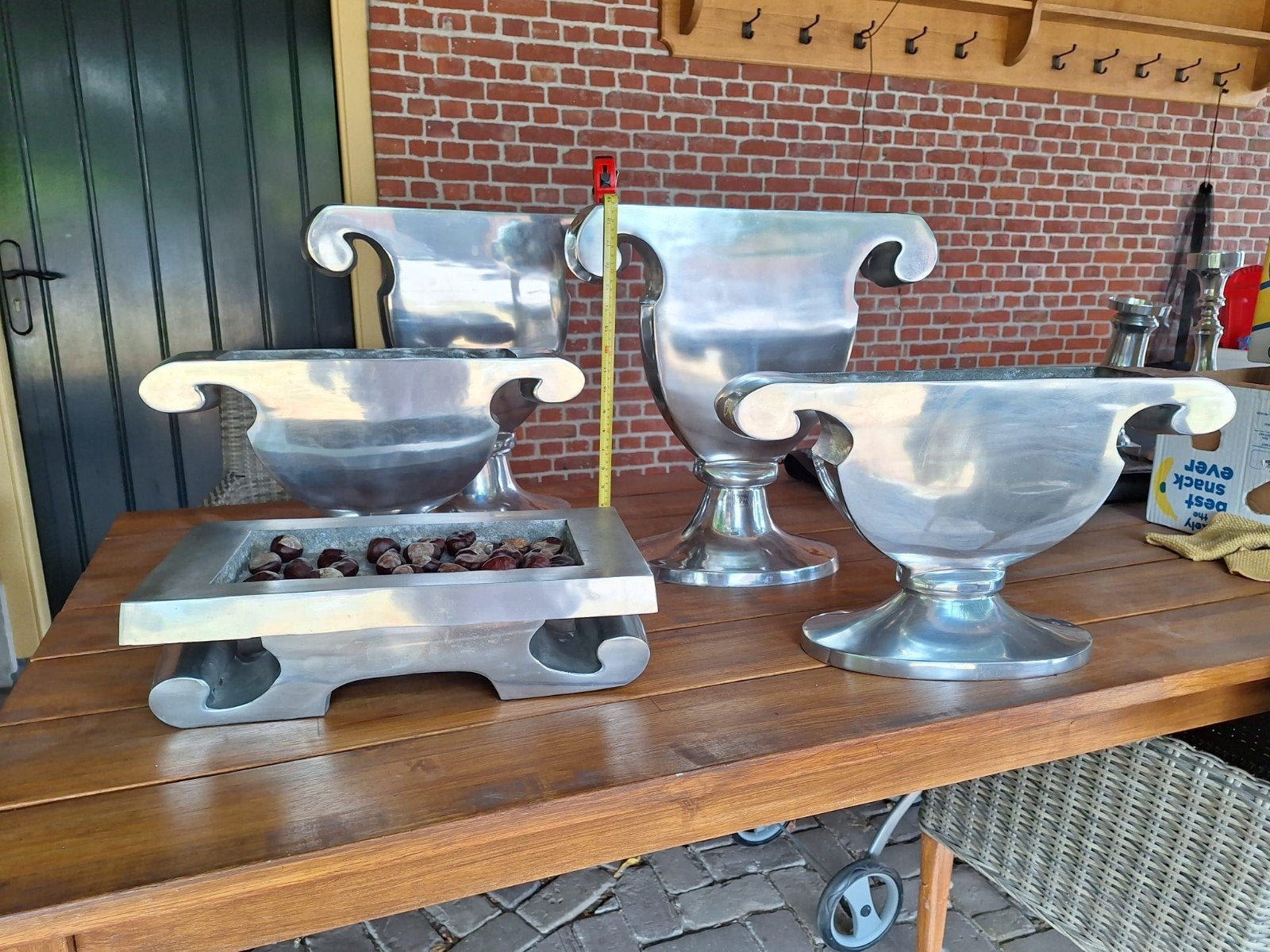 Set van 5 zilverkleurige kandelaren/plantenbakken brass&boom, Antiek en Kunst, Ophalen