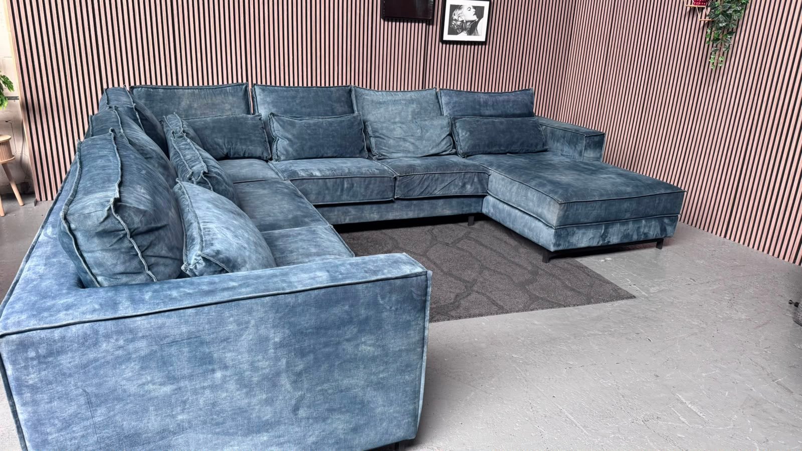 GRATIS LEVERING Velvet U-Bank Blauw 385x335x200 GEREINIGD, Hoekbank, 300 cm of meer, Ophalen of Verzenden, Zo goed als nieuw