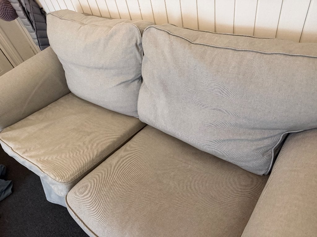 Tweepersoonsbank met poef, Ophalen, Gebruikt, 150 tot 200 cm, Tweepersoons