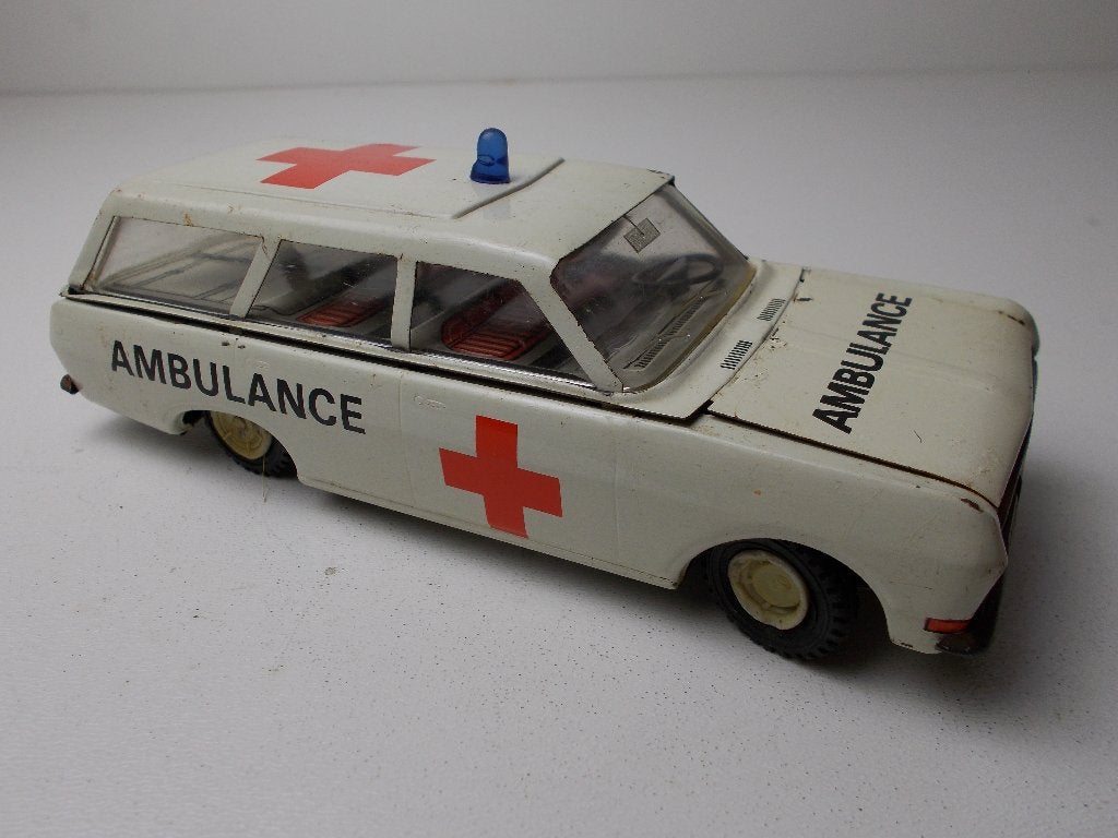 Jaren 60 BLIKKEN AMBULANCE + Friction motor (Werkt!) 20 cm!, Ophalen of Verzenden, Zo goed als nieuw, Auto, Overige merken