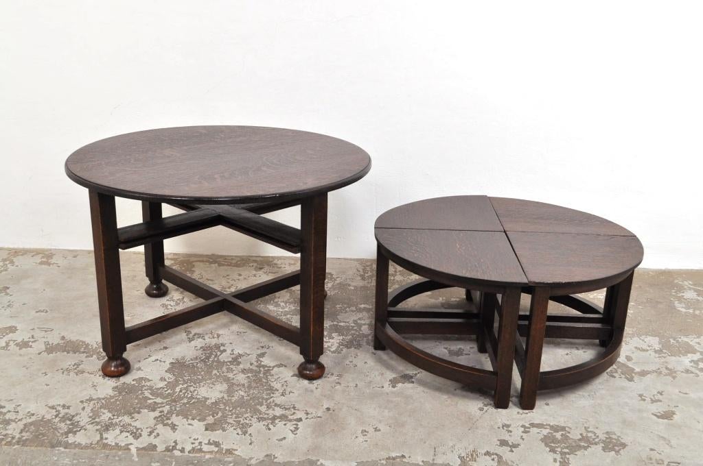 Antieke eiken salontafel 2-in-1 tafel 1920s UNIEK ITEM, Gebruikt, 50 tot 100 cm, Rond, 50 tot 100 cm
