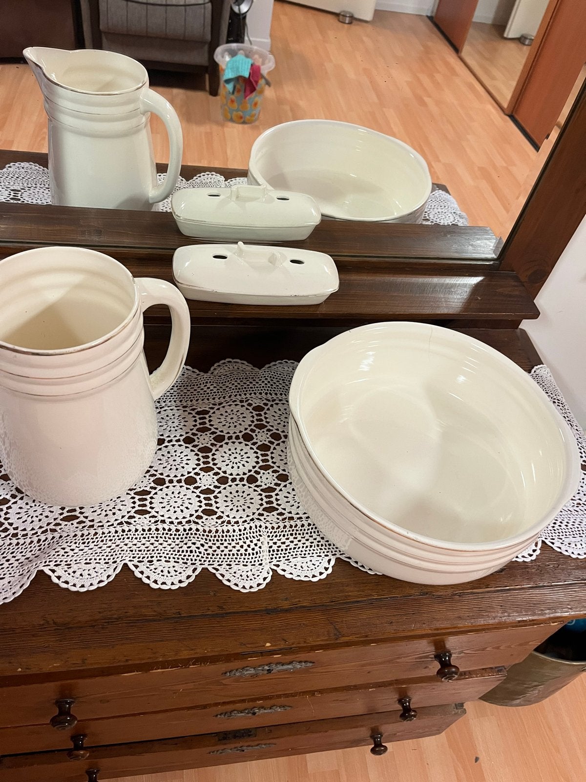 Vintage Lotte Keuken Set: Kan, Schalen en Zeepbakjes, Antiek en Kunst, Antiek | Keramiek en Aardewerk, Ophalen of Verzenden