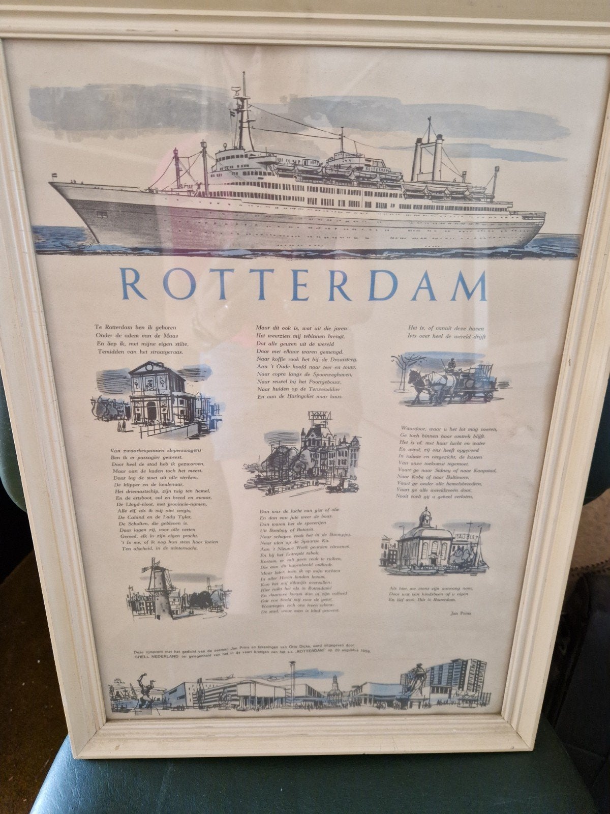 Vintage Prent Rotterdam SS Rotterdam Shell Nederland 1959, Verzamelen, Foto's en Prenten, Ophalen, Gebruikt, 1940 tot 1960, Prent