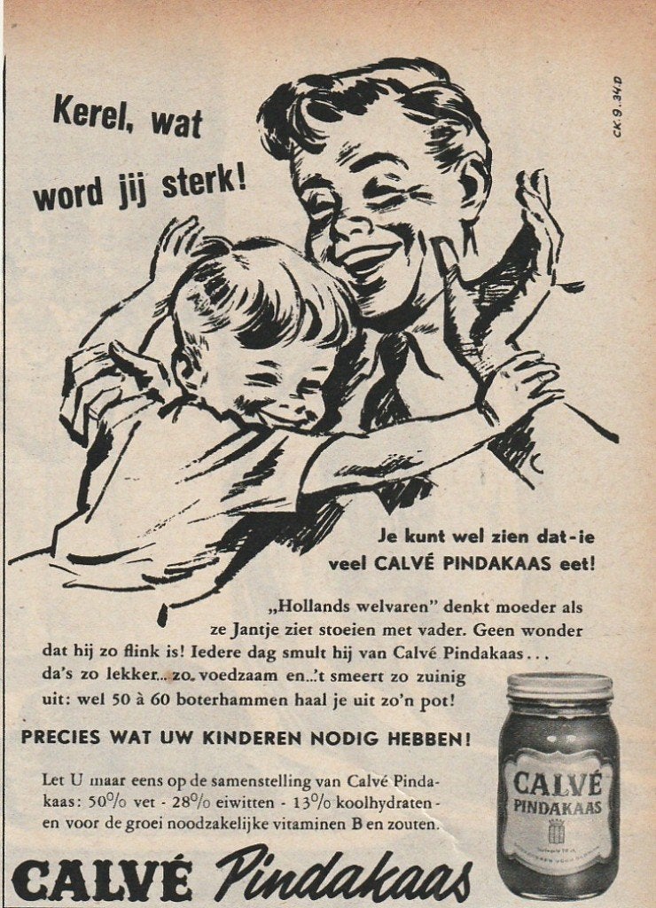 Retro reclame 1953 Calvé pindakaas sterk jongetje, Verzamelen, Verzenden, Overige typen