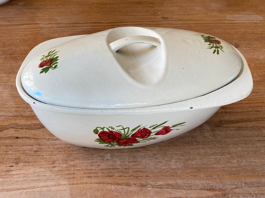 Vintage gietijzeren emaille pan lichtgeel met klaprozen, Ophalen of Verzenden