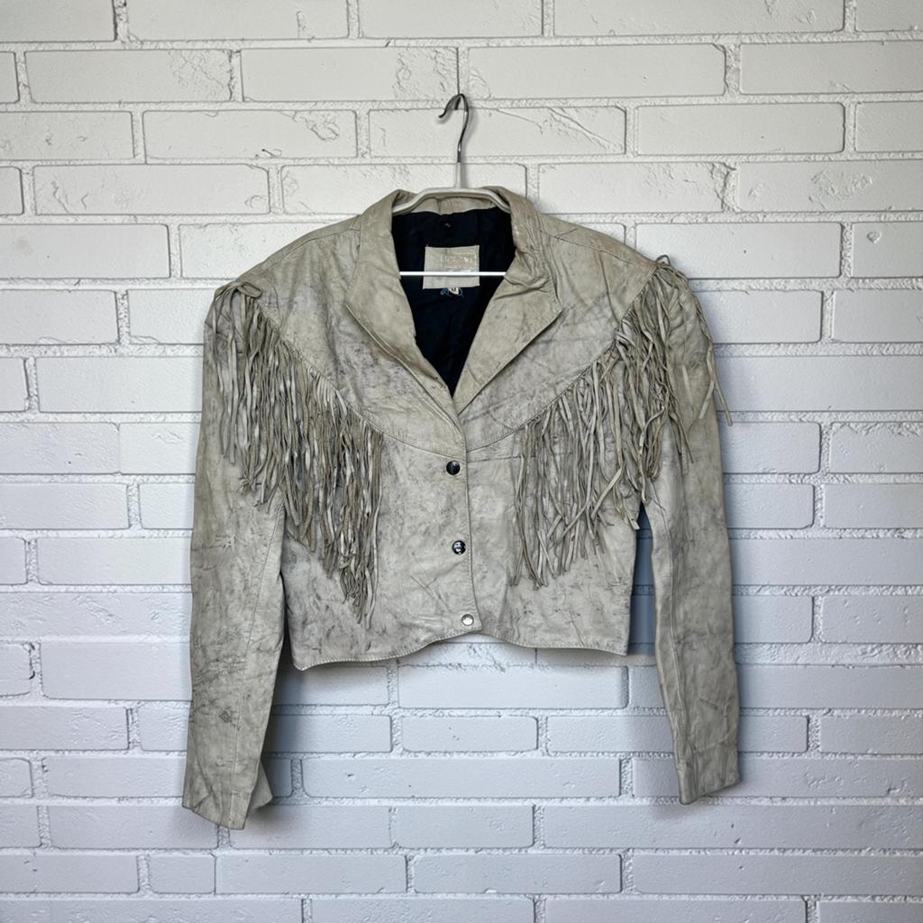 Vintage Jas M Crème Grijs Leer D’Revi Cowboy Western Style, Maat 38/40 (M), D'Revi, Verzenden, Vintage