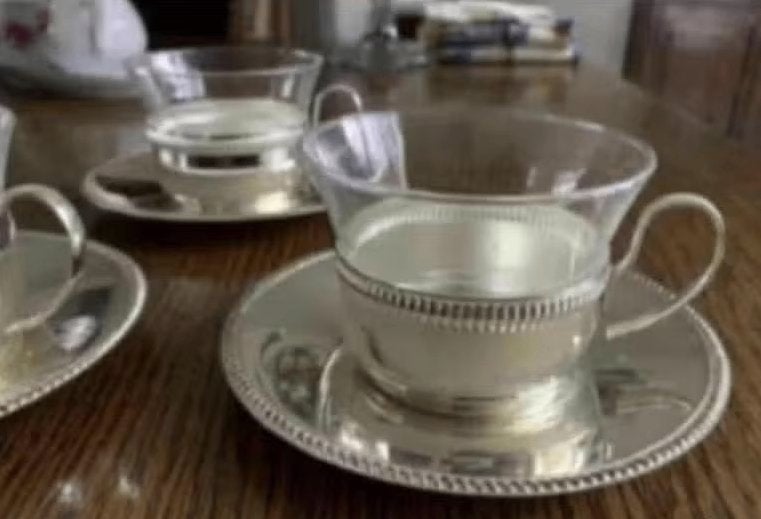 3x theeglas kop en schotel; kopje glas, schotel nepzilver, Ophalen of Verzenden, Overige stijlen, Kop(pen) en/of Schotel(s), Glas