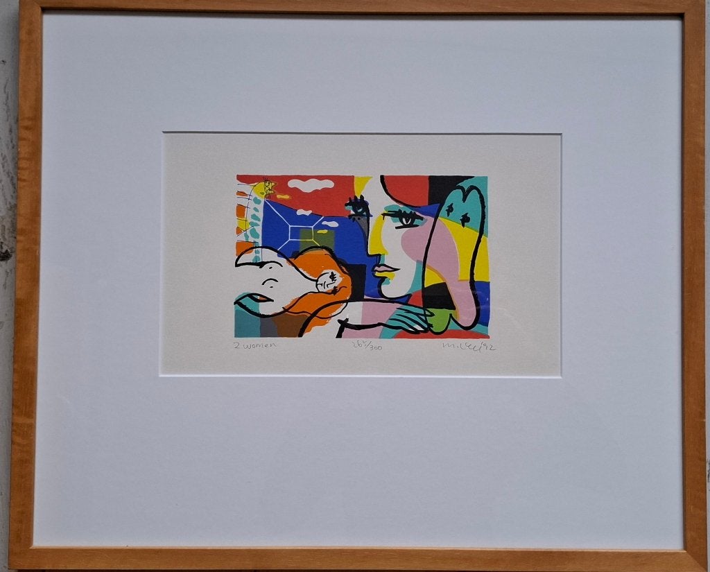 Zeefdruk '2 Woman' ingelijst, Antiek en Kunst, Kunst | Litho's en Zeefdrukken, Zeefdruk, Ingelijst, Ophalen, Personages en Fantasiefiguren
