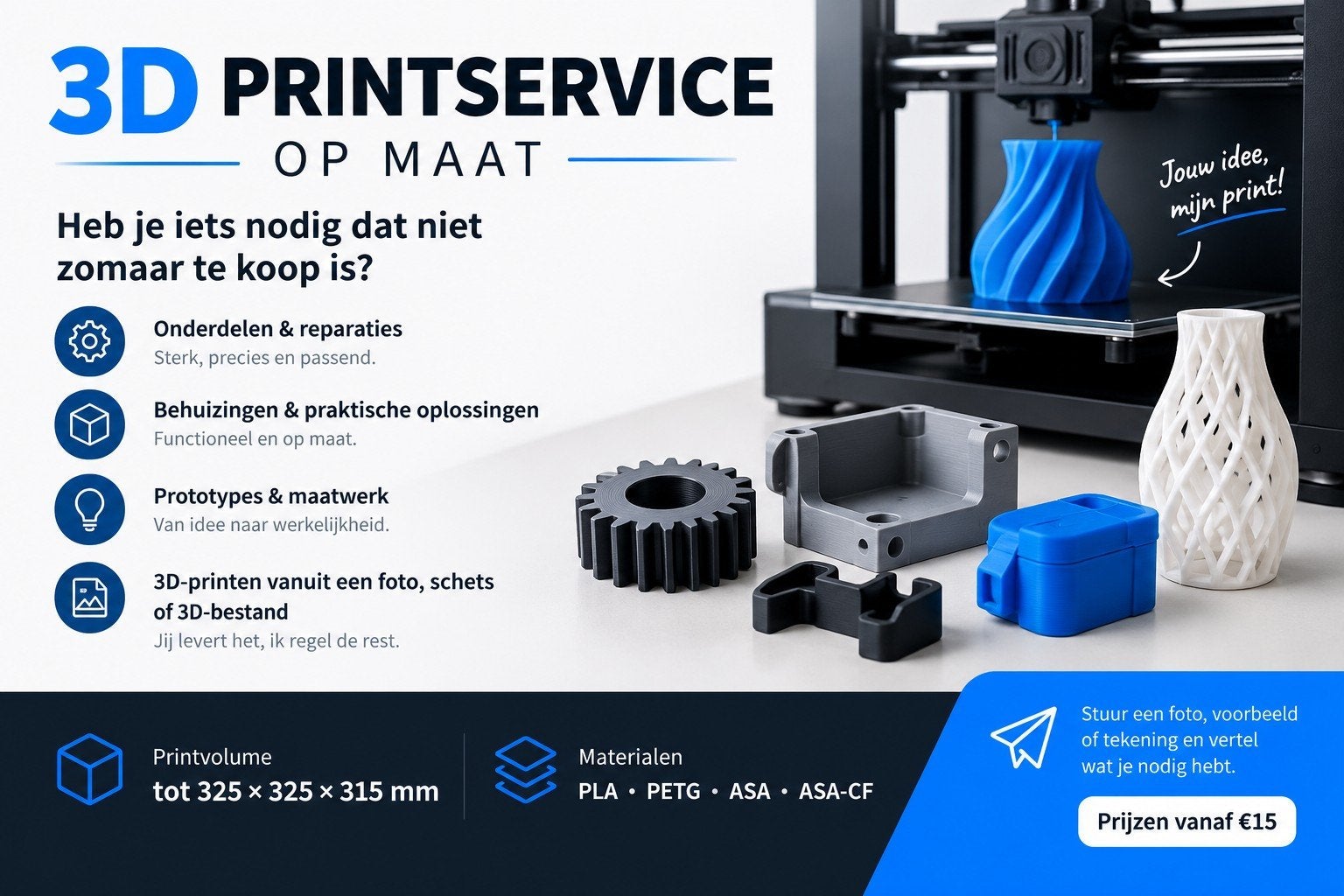 3D Printservice op Maat: Onderdelen, Behuizingen, Prototypes, Computers en Software, Ophalen of Verzenden, Filament