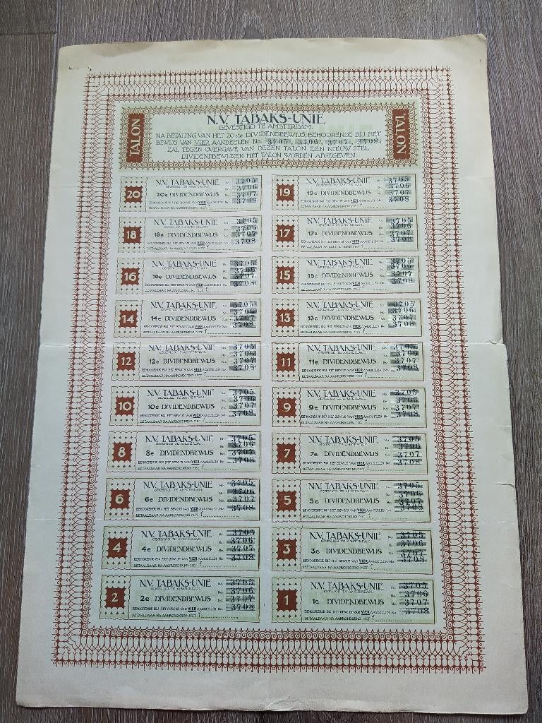 Dividendblad "N.V. Tabaks-Unie" , Amsterdam, Postzegels en Munten, Aandelen en Waardepapieren, Ophalen, 1970 tot heden, Aandeel