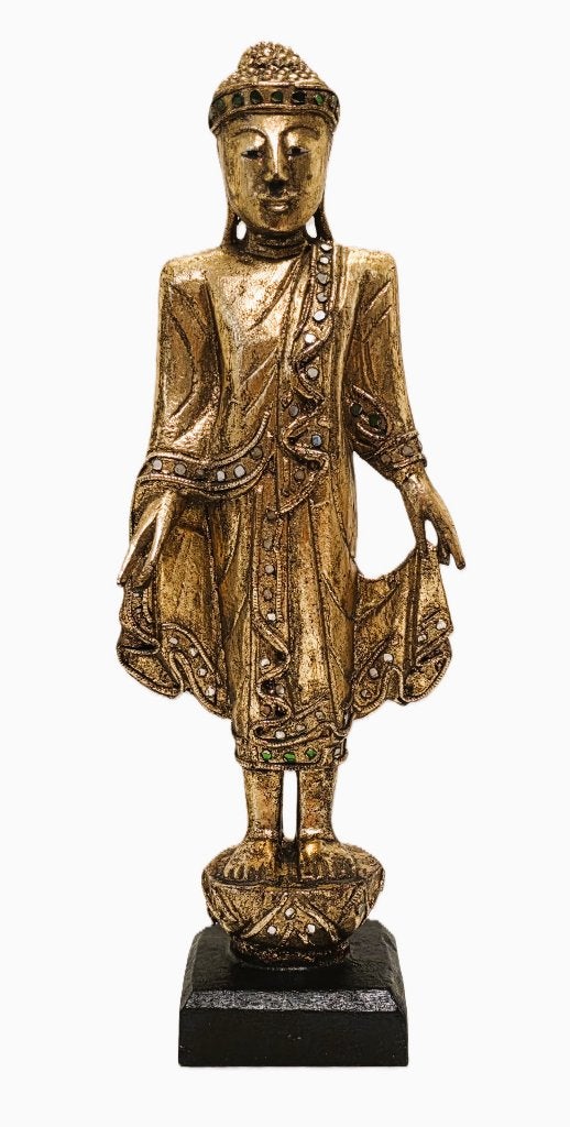Massief houten Boeddha, verguld., Ophalen of Verzenden, Zo goed als nieuw, Hout, 46 cm