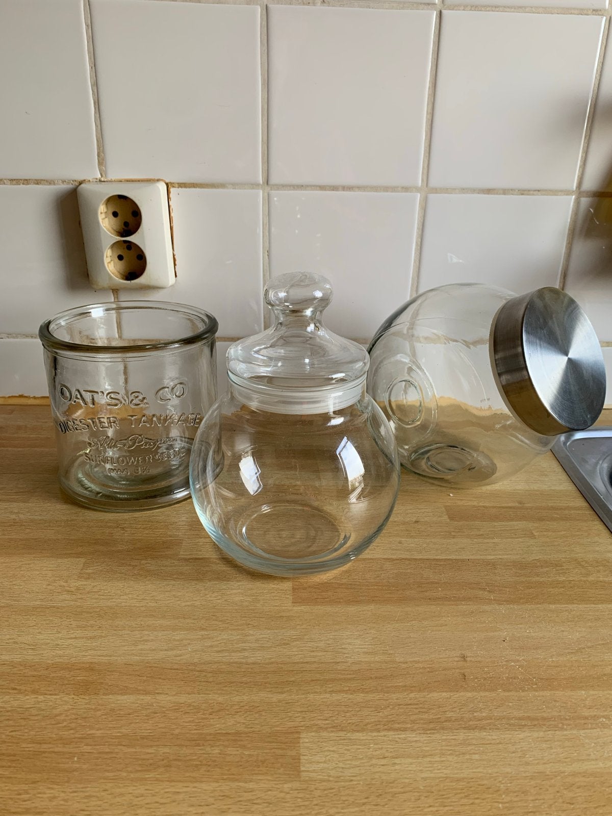 Set van 3 glazen potten met deksel / 3 glass candy jars, Ophalen of Verzenden, Zo goed als nieuw, Glas, Vintage