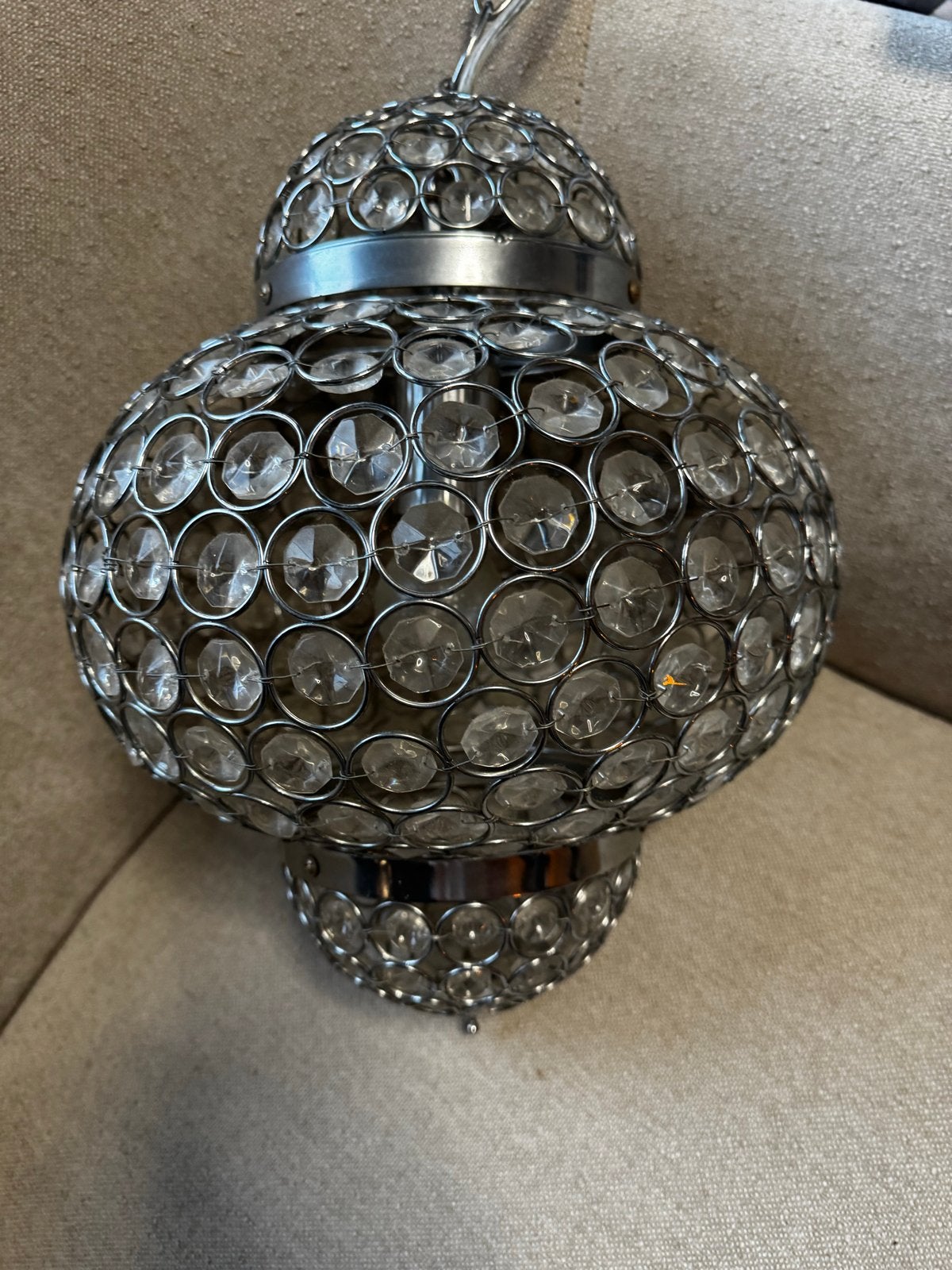 Hanglamp met kristallen en metalen frame, Ophalen of Verzenden, Zo goed als nieuw, Glas, E27 (groot)