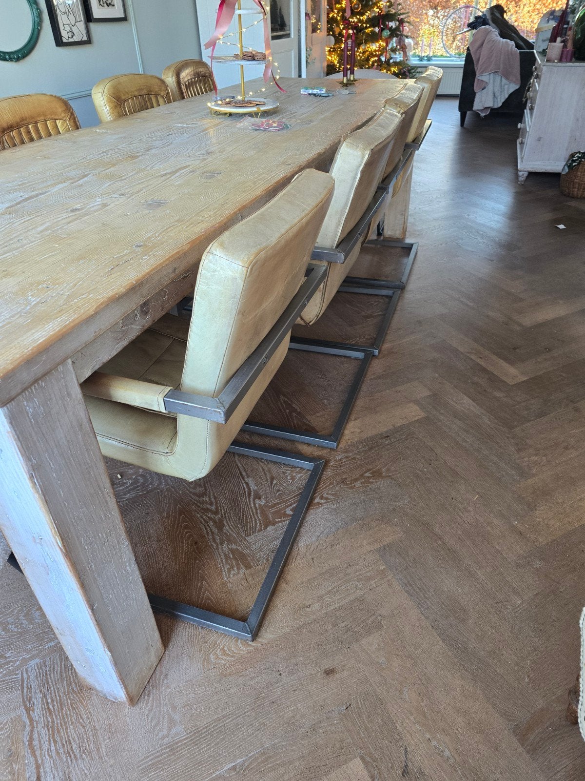 Set van 4 leren eetkamerstoelen met metalen frame, Huis en Inrichting, Stoelen, Gebruikt, Bruin, Industrieel, Modern, Ophalen of Verzenden
