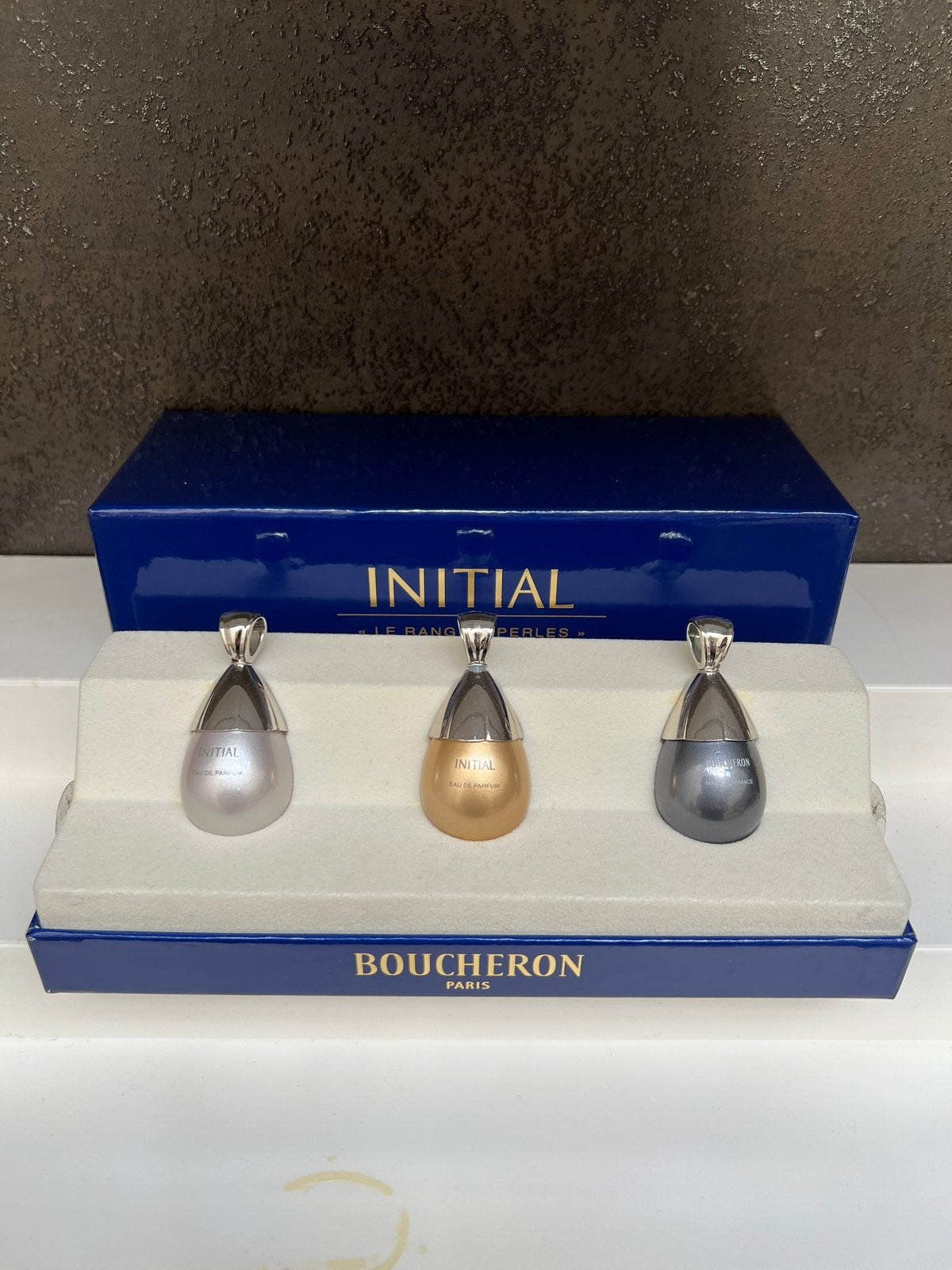 Boucheron Initial 3 miniaturen in set zie foto,s, Ophalen, Zo goed als nieuw, Miniatuur