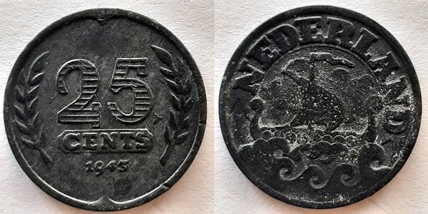 25 cent 1943 Zink, Verzenden, Koningin Wilhelmina, 25 cent
