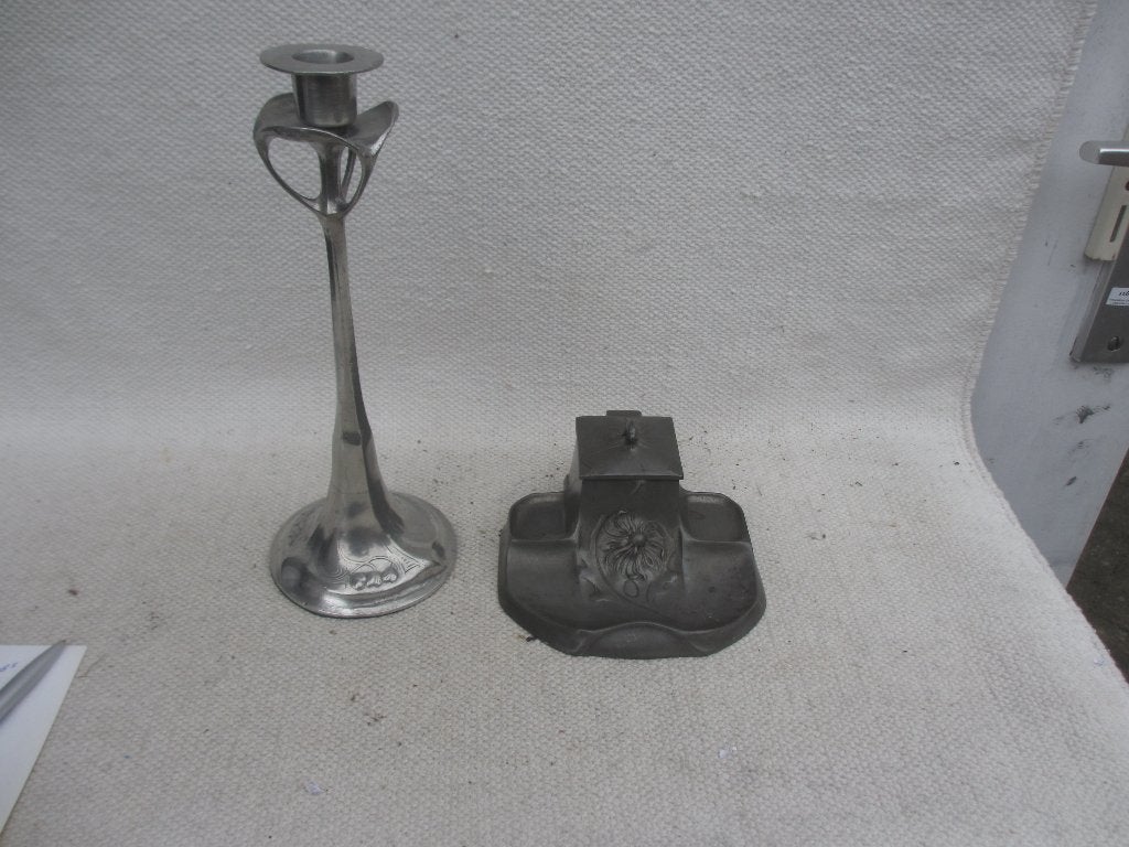 Hugo Leven - KAYSERZINN jugendstil tinnen inktpot/ kandelaar, Ophalen of Verzenden