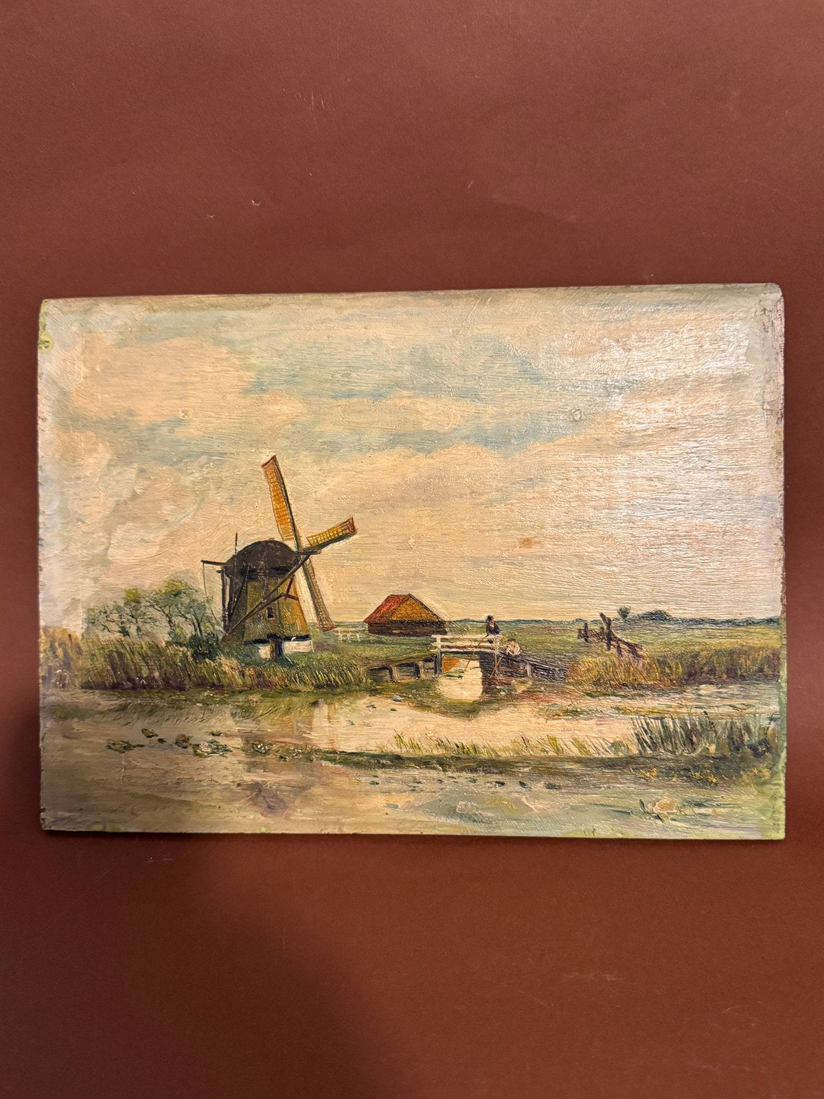Olieverf schilderijtje vissers aan waterkant, Ophalen of Verzenden