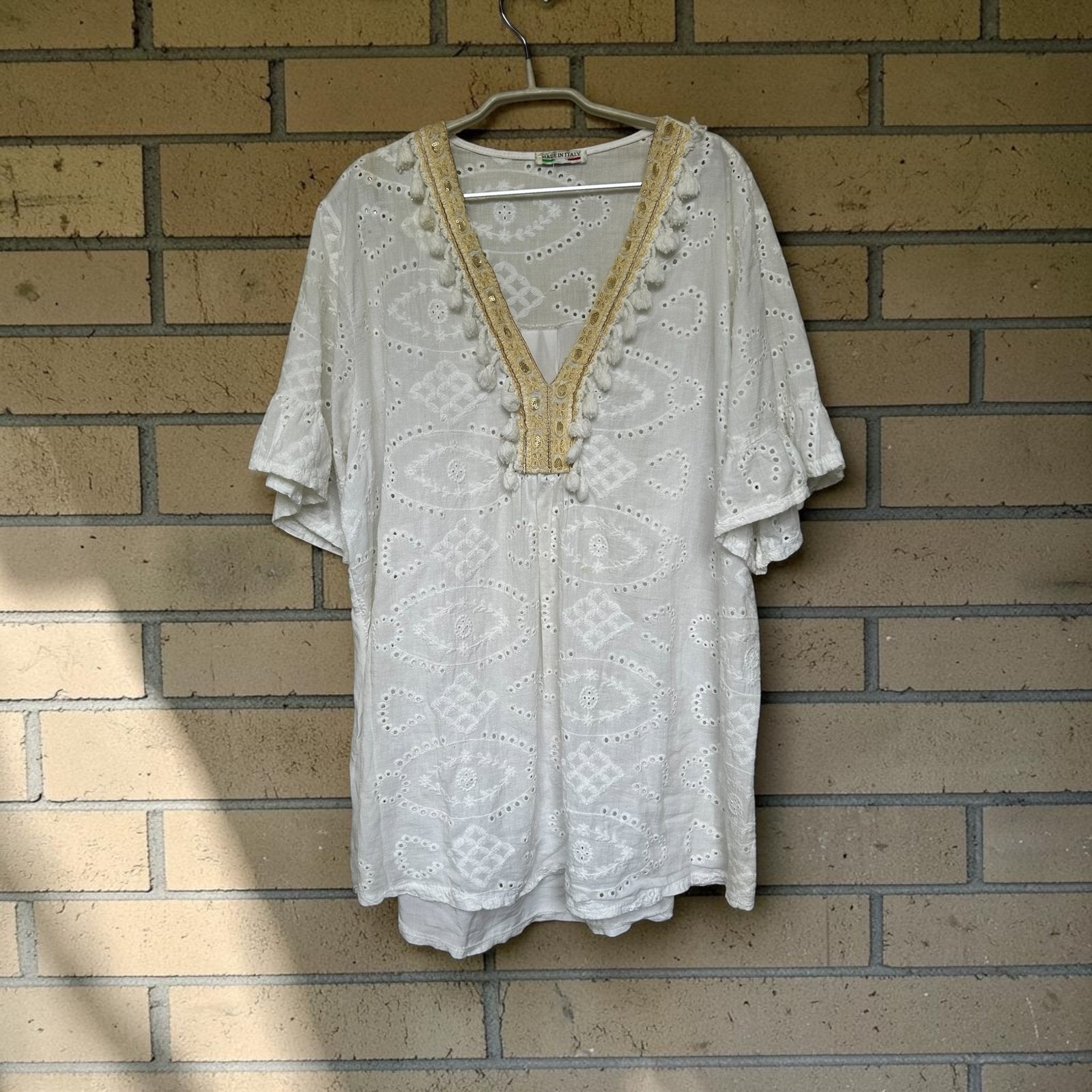 Made in Italy Blouse Maat 1 Wit Beige Broderie Pom Poms Boho, Maat 46/48 (XL) of groter, Mii, Gedragen, Verzenden