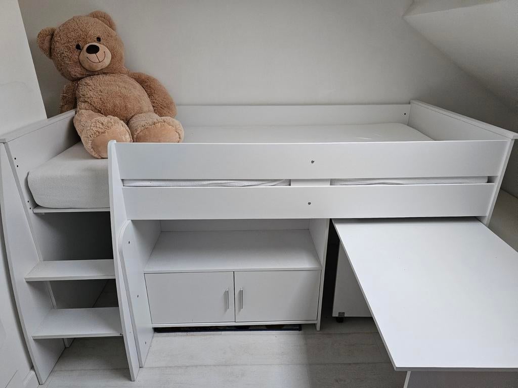 Witte halfhoogslaper met bureau en opbergruimte, Ophalen
