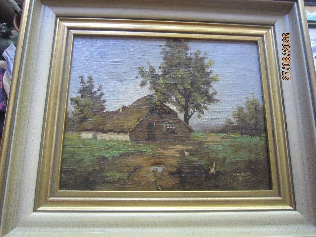 Leuk Boerderij tafereeltje sign:Manders. Kippen,L.Schade, Ophalen, Doek, Expressionistisch, Olieverf