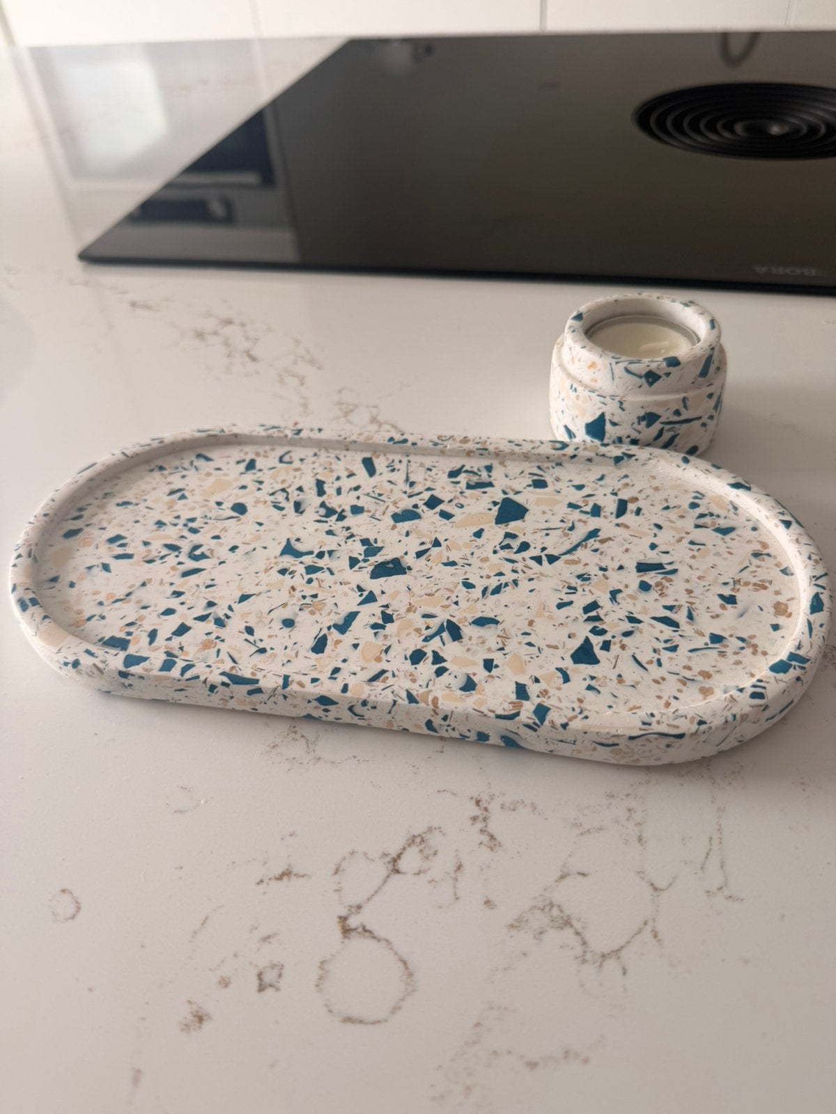Terrazzo Plateau en waxinelichthouder, Huis en Inrichting, Woonaccessoires | Etagères, Ophalen of Verzenden, Zo goed als nieuw