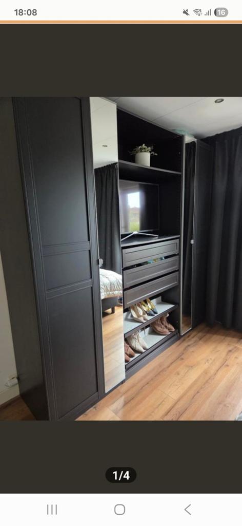 IKEA PAX Kast met spiegeldeuren en tv-meubel, Huis en Inrichting, Kasten | Kledingkasten, Gebruikt, Modern, Functioneel, 200 cm of meer