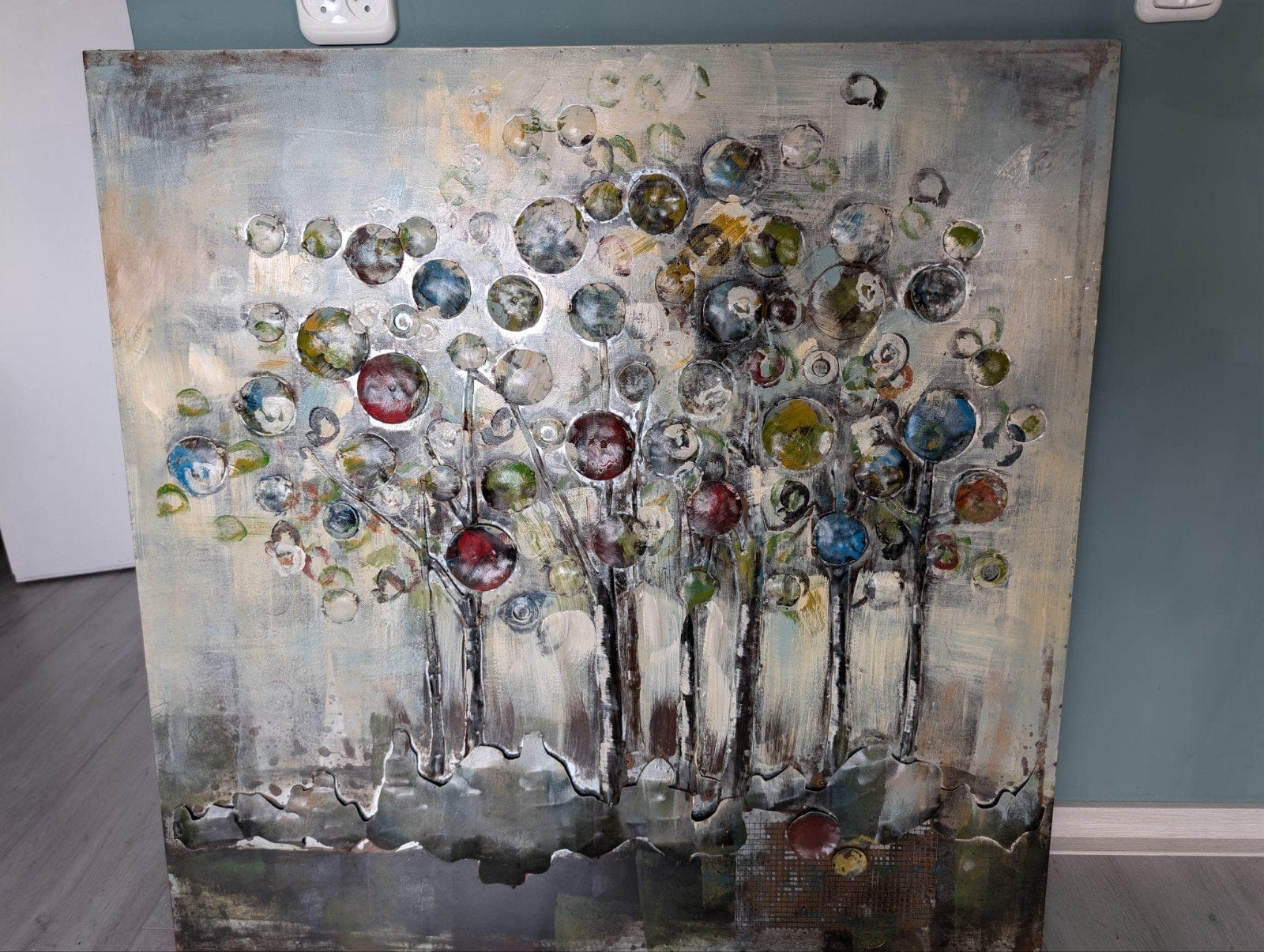 Modern metalen schilderij Bomen met Kleurrijke Cirkels, Met textuur, Gemengde techniek, Overige materialen, Landschap