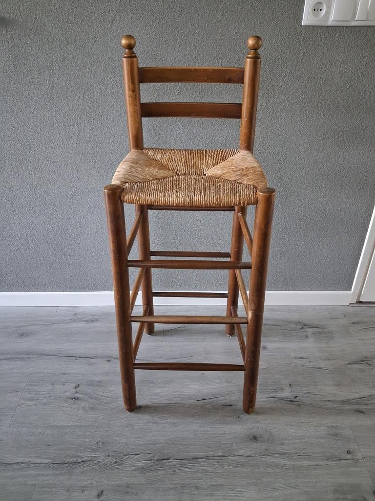 Vintage barkruk met rieten zitting, 1 kruk, Ophalen, Gebruikt, 60 tot 90 cm