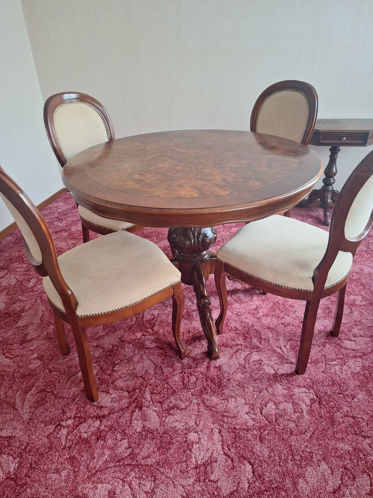 Eettafelset | Tafel Mahonie rond + 4 stoelen, Ophalen, Gebruikt, Rond, 100 tot 150 cm