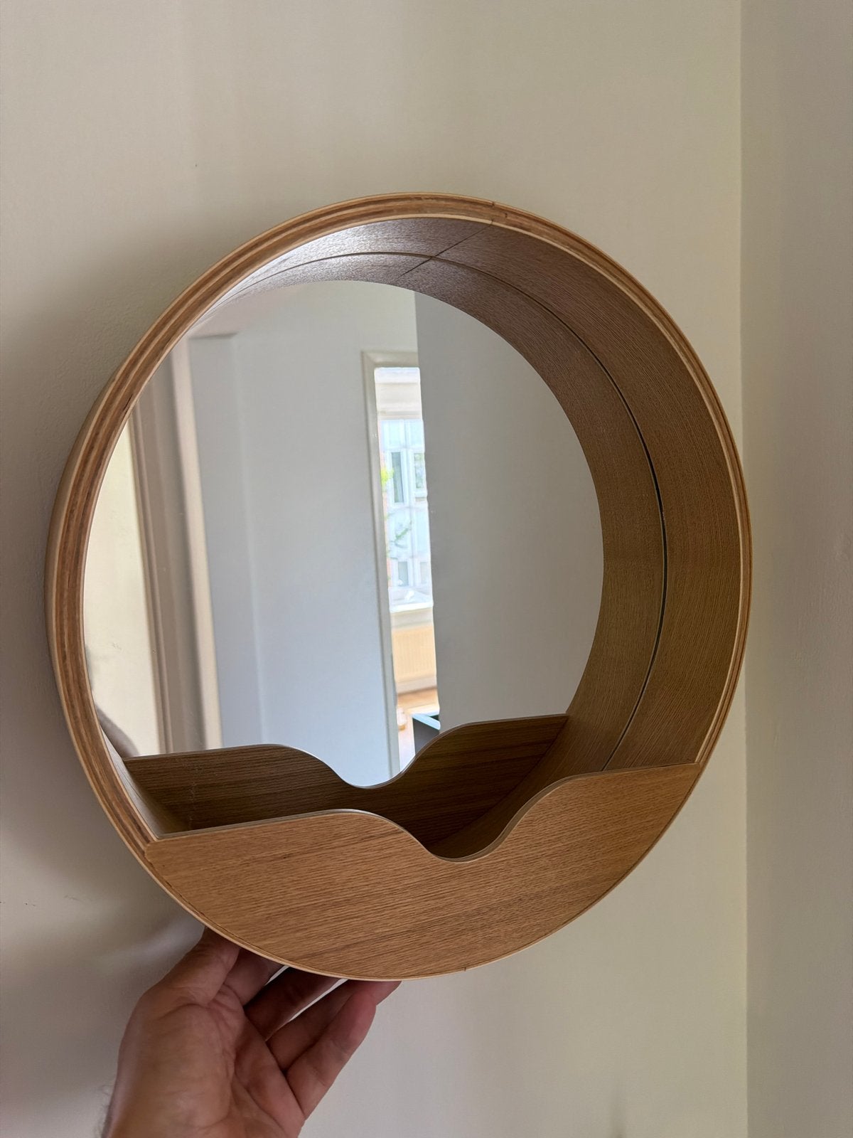 Ronde spiegel met bakje, 50 cm, Loods 5, zeer goede staat, Huis en Inrichting, Woonaccessoires | Spiegels, Rond, Ophalen of Verzenden