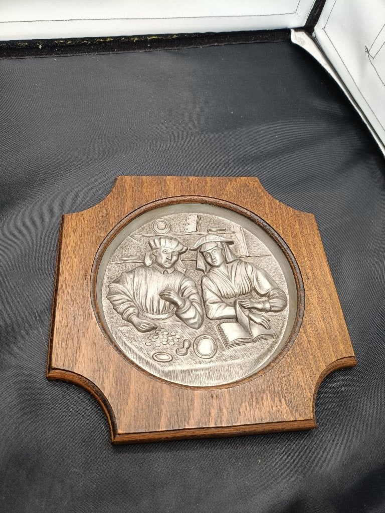 vintage tinnen wandplaat de geldwisselaar en zijn vrouw, Ophalen of Verzenden