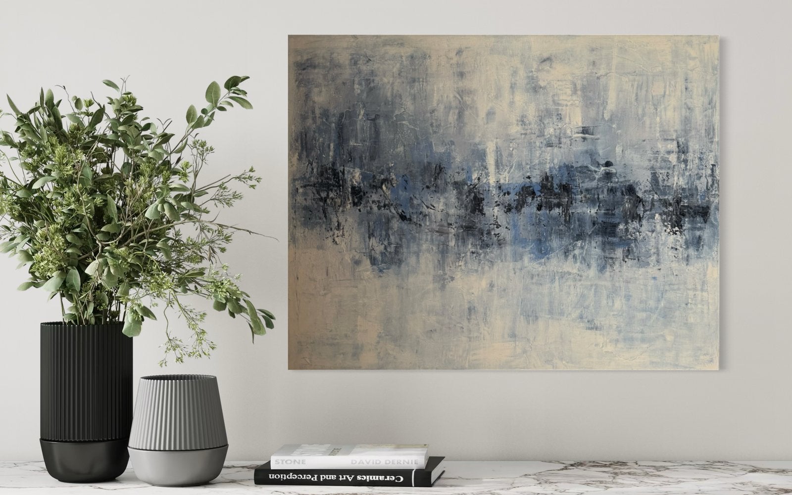 Origineel abstract schilderij 90x70 | Blauw, grijs & crème, Ophalen of Verzenden