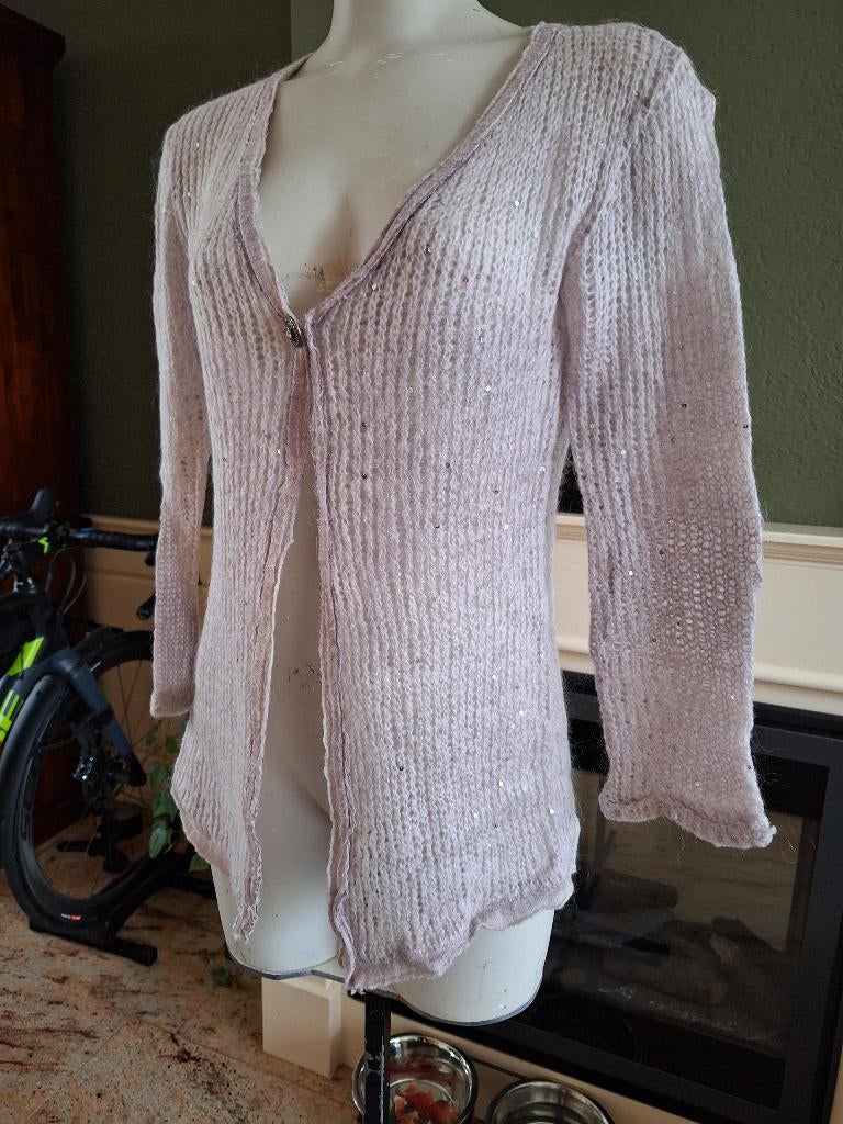 Nana Nucci zacht lila cardigan vest 34 36 S 0 zijde mohair, Kleding | Dames, Verzenden, Paars, Zo goed als nieuw, Maat 36 (S)