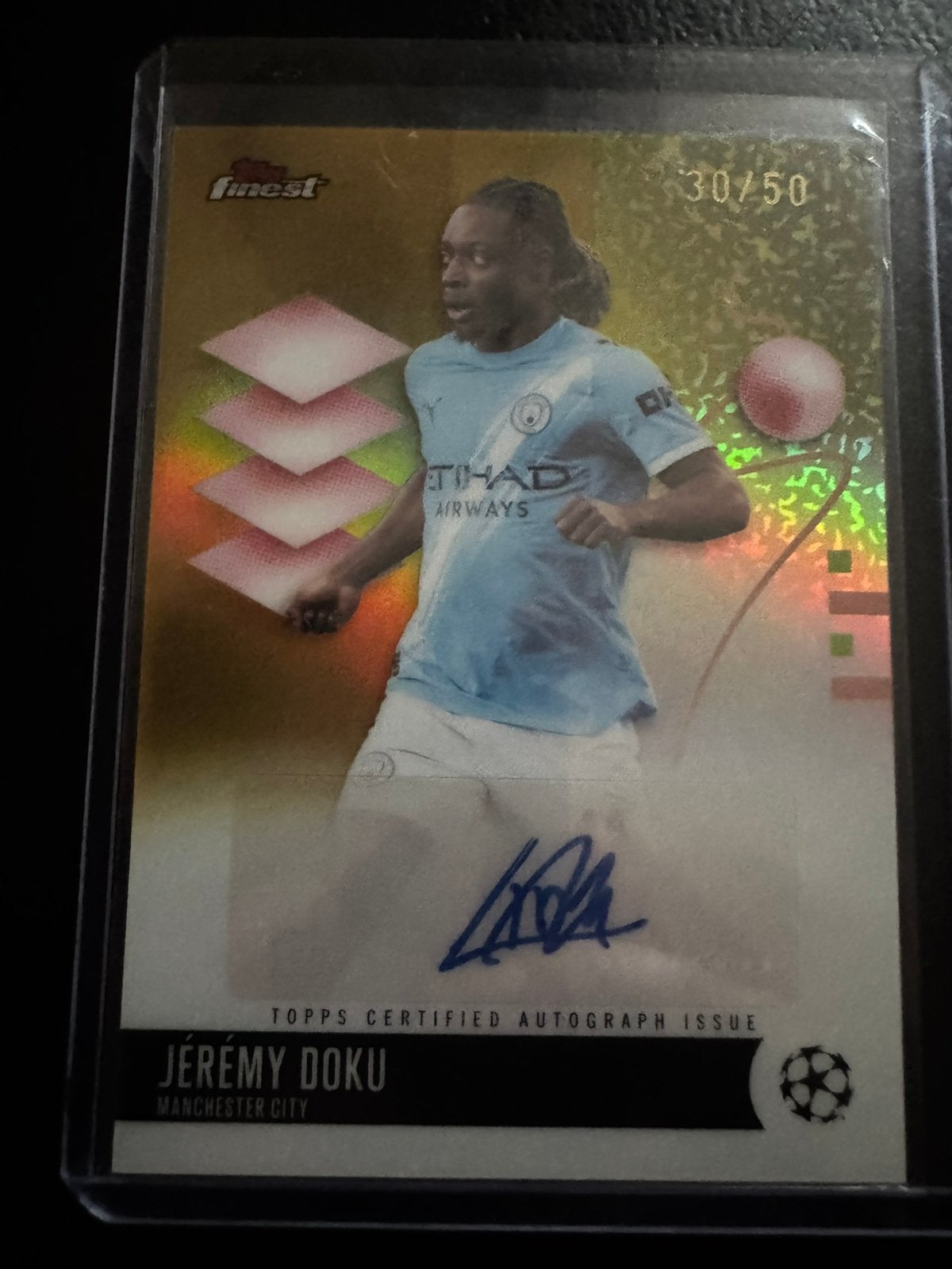 Jérémy Doku Auto /50 Topps Finest Gold, Ophalen of Verzenden, Zo goed als nieuw