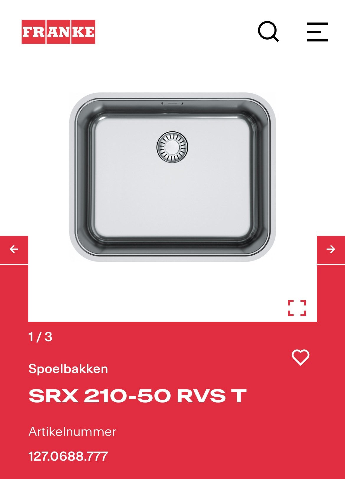 NIEUW! FRANKE SRX 210-50 rvs SPOELBAK inbouw onderbouw korf, Nieuw, Minder dan 100 cm, 25 tot 50 cm, 50 tot 100 cm