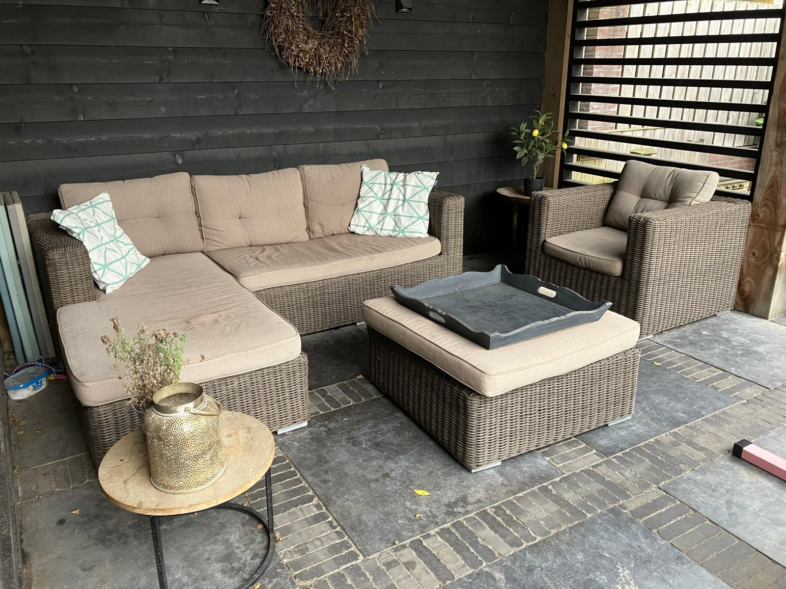 Wicker Loungeset met Hoekbank, Fauteuil en Hocker, Tuin en Terras, Ophalen, 5 zitplaatsen, Gebruikt, Loungeset