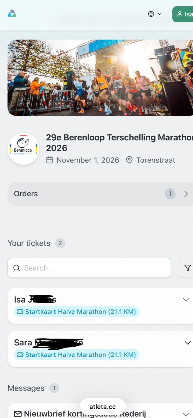 Twee tickets halve marathon Berenloop Terschelling, Tickets en Kaartjes, Twee personen, November