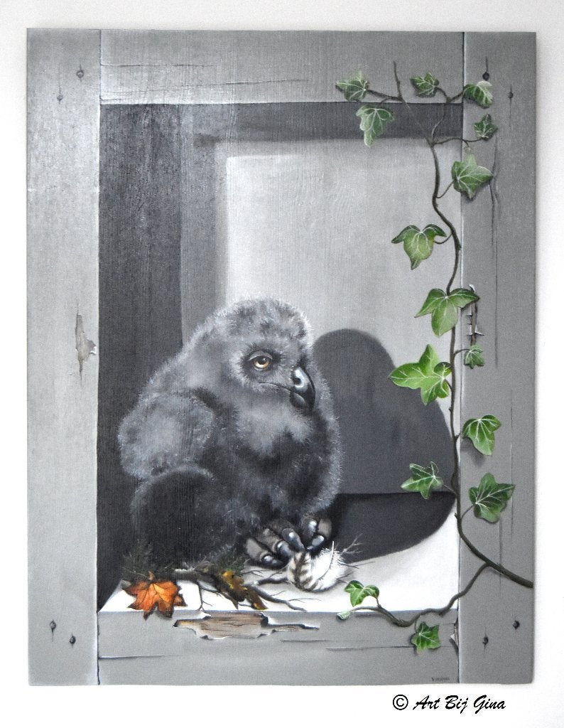Ollie het leuke uilskuiken geschilderd op een houten paneel, Acrylverf, Hout, Ophalen of Verzenden, Dieren