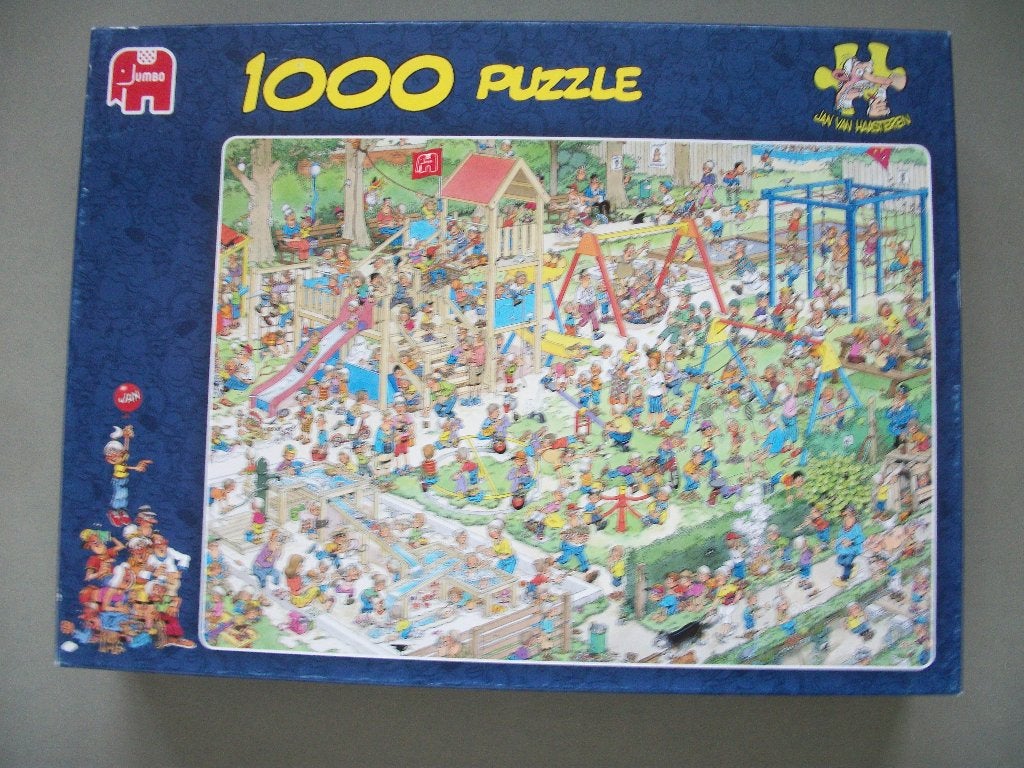 2 Jan van Haasteren 1000 - Speeltuin, Veemarkt - zgan p.stuk, Ophalen of Verzenden, 500 t/m 1500 stukjes, Zo goed als nieuw, Legpuzzel